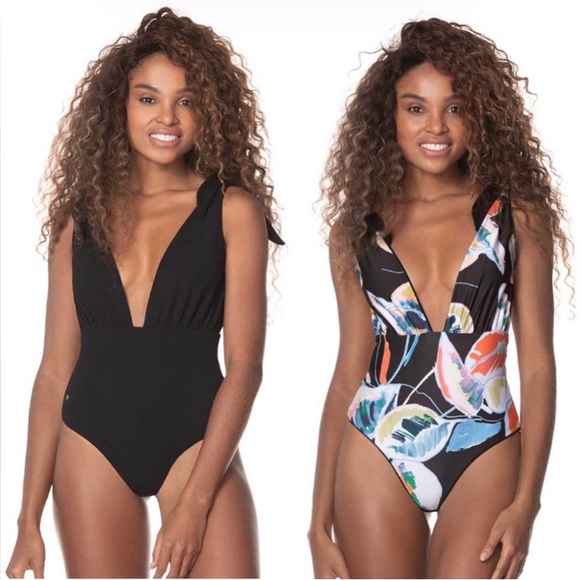 RARE Maaji 🍹 Classy Black Reversible Floral Plunge Tie One-Piece 🏖️🌸 - Picture 2 of 13